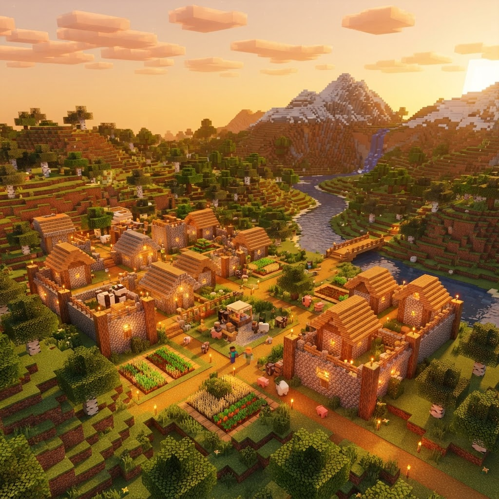A blocky voxel landscape with grassy hills, trees, and a village at golden hour